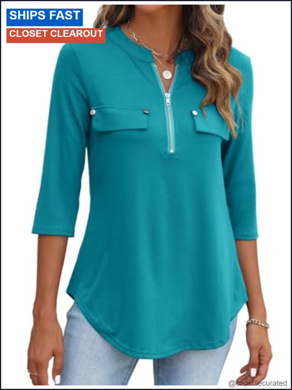 3/4 Sleeve V-Neck Zipper Tunic Blouse Flowy Dressy Casual